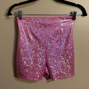 Je Taime Pink Holographic Stretch Shorts, High Waist Festival Rave Shorts